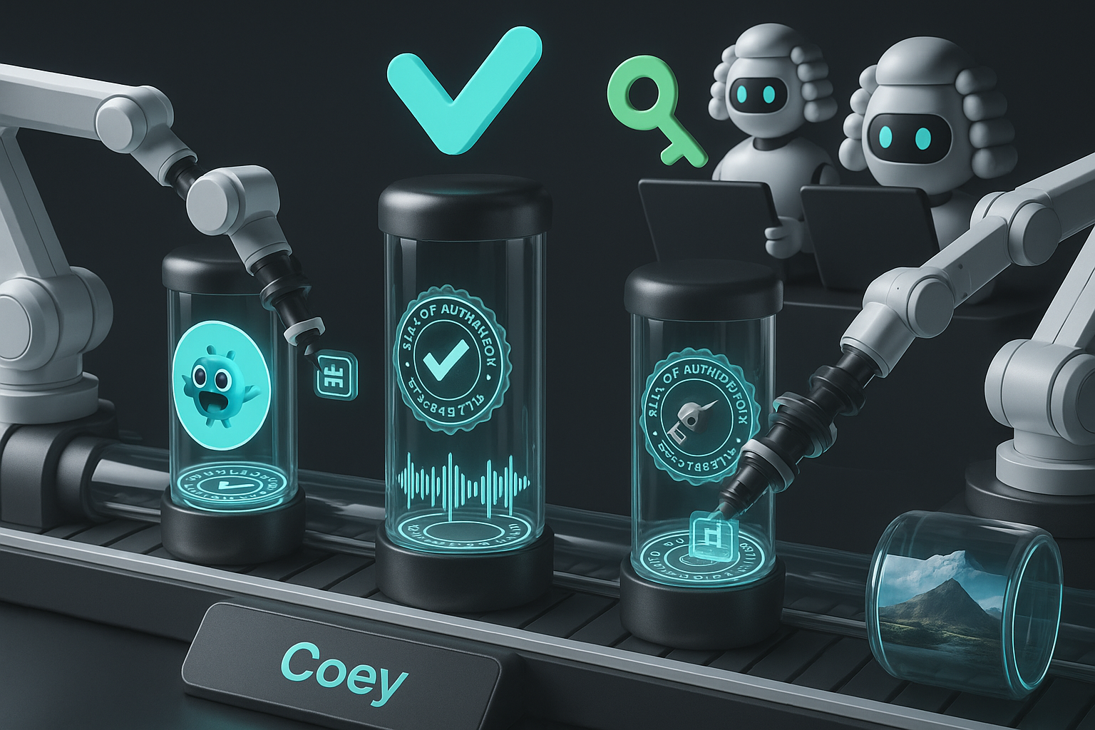 Futuristic pipeline with AI content sealed by holograms, robotic arms stamping credentials, and Coey dashboard