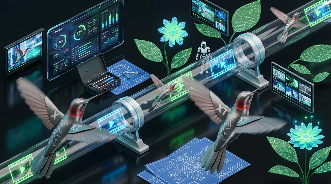 AMD-Hummingbird-XT-XTX-throughput Futuristic AMD hummingbirds speeding video frames along a digital assembly line with tech-nature fusion