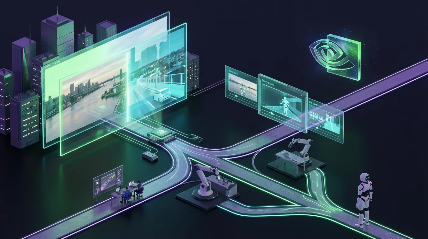 Cosmos-2B-Predictable-Video-Workflow Futuristic city with AI avatar, holographic storyboards, and NVIDIA Cosmos predictive video panels