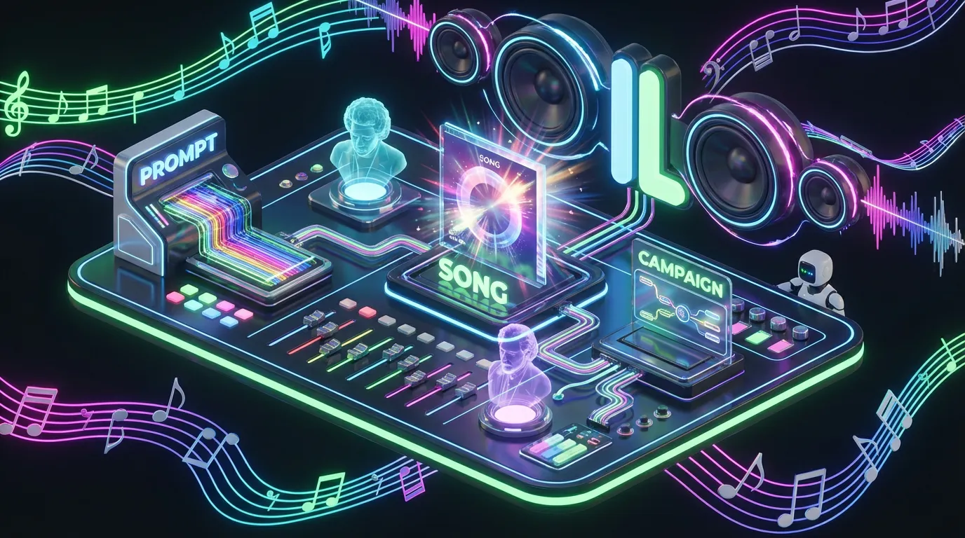 Futuristic control room with humans, robots, and holographic music shaped by ElevenLabs for automation