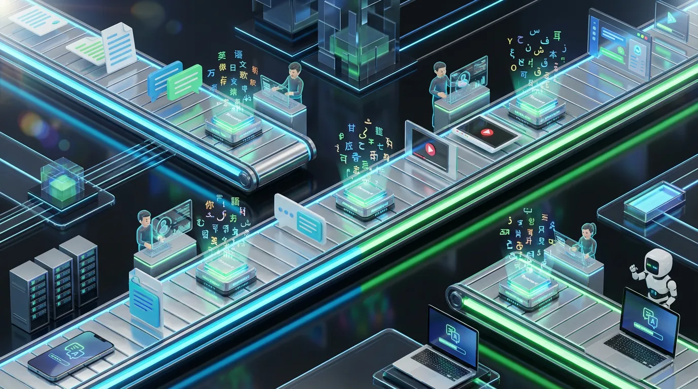 HY-MT1.5-offline-translation-workflow Futuristic conveyor with Tencent HY-MT1.5 modules translating multilingual content across edge devices and workflows