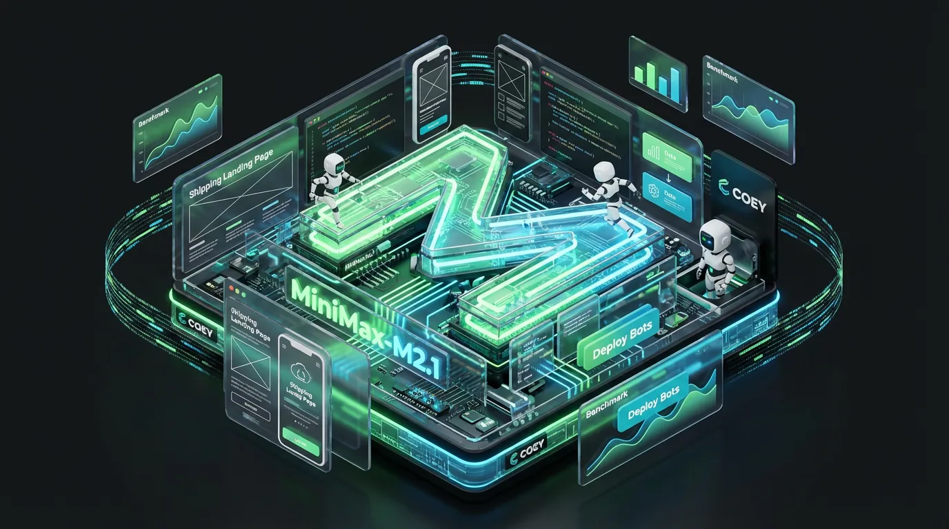 MiniMax-M2.1-agent-benchmarks-overview Robotic agents energize a glowing AI command center, deploying apps and workflows across connected digital domains