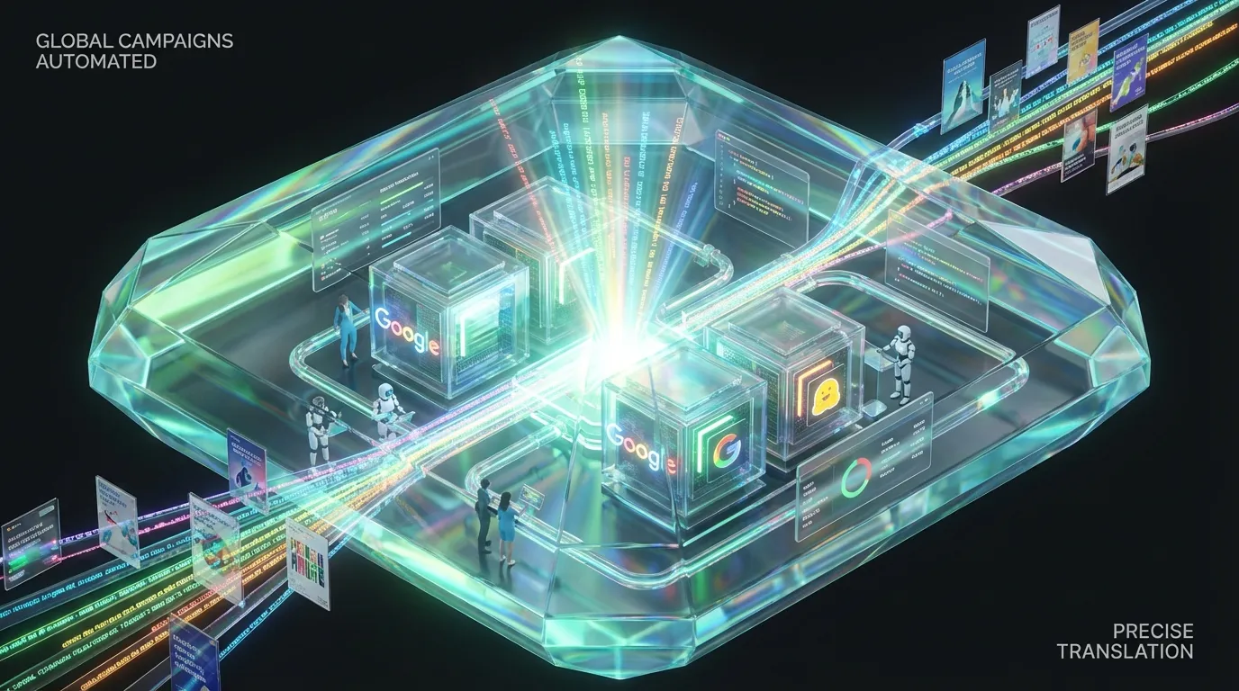 TranslateGemma-open-translation-at-scale Gem-shaped AI hub bustling with robots, streaming languages to vibrant localized content via glowing tubes