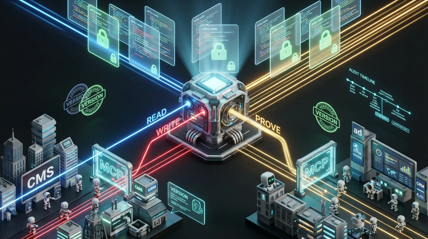 ai-policy-cards-governance-marketing-automation Holographic policy cards stopping robot agents over neon digital city representing automated governance and audits