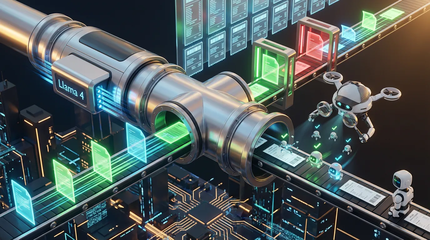 ai-verification-pipeline-automation-meme Futuristic verifier pipeline with Llama 4 module Sherlock drone glowing receipts staged vitrines