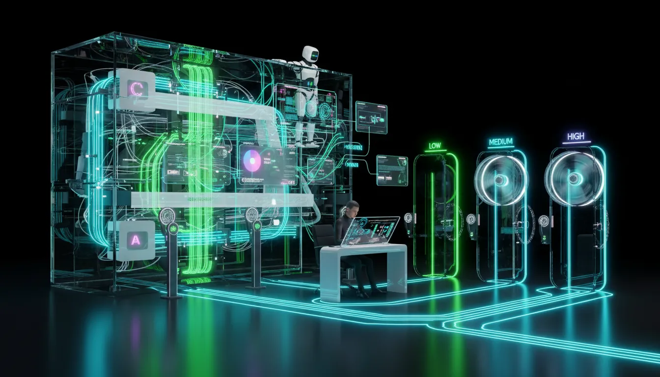 explainable-ai-marketing-automation-moat Glass feedback machine ingesting glowing data ribbons, holographic audit receipts, human reviewer overseeing risk gates