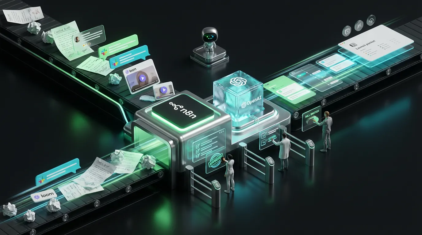 Futuristic conveyor turning messy briefs into organized launch packets with human reviewers and glowing guardrails