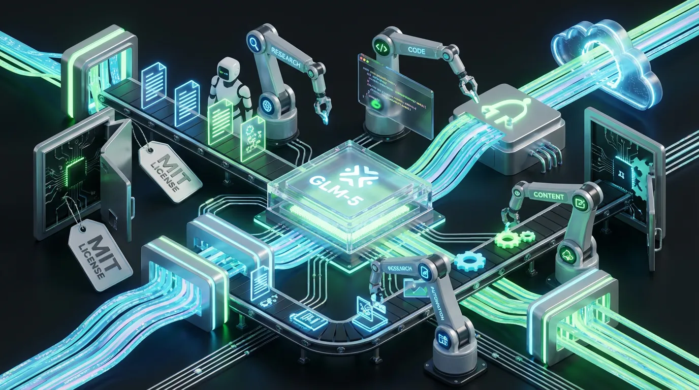 GLM-5-open-weights-agentic-workflow Surreal AI-powered machine with Zhipu AI GLM-5 chip, robotic agents, documents, code and creative assets