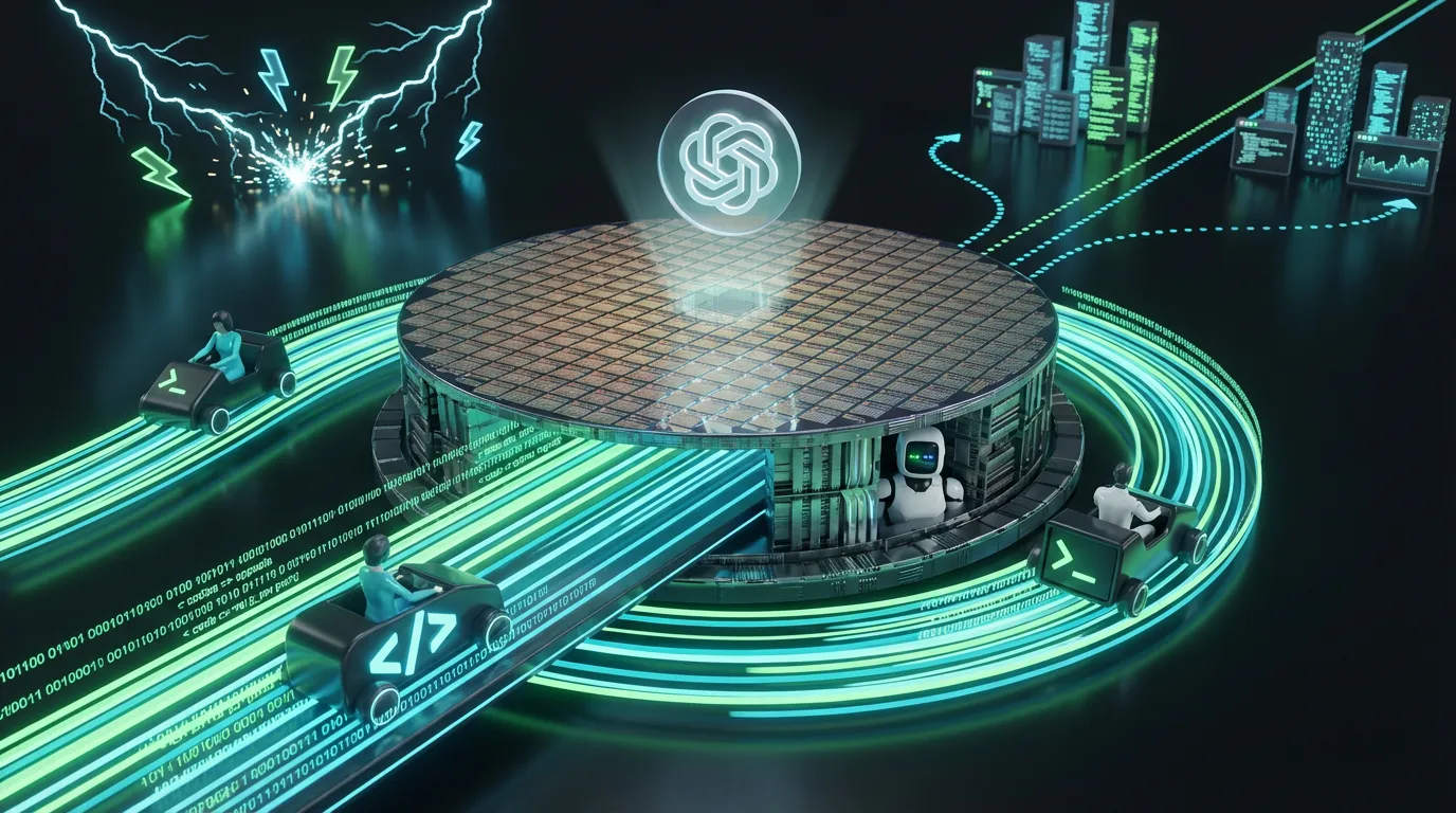 GPT-5.3-Codex-Spark-Speed-Tier Futuristic code highway streams racing through a giant wafer chip with OpenAI and Cerebras technology