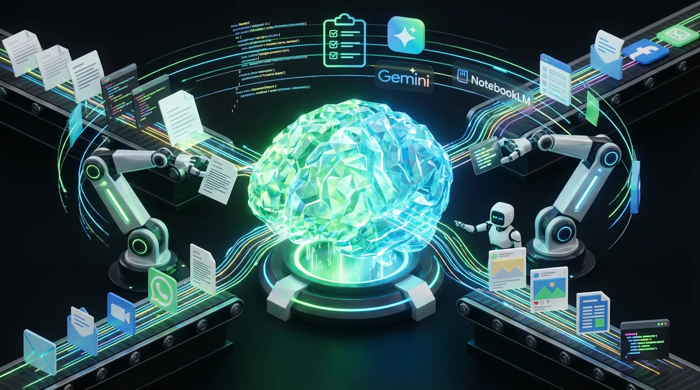 Gemini-3.1-Pro-automation-upgrade Futuristic crystal brain engine automating creative workflows with robotic arms and colorful data streams