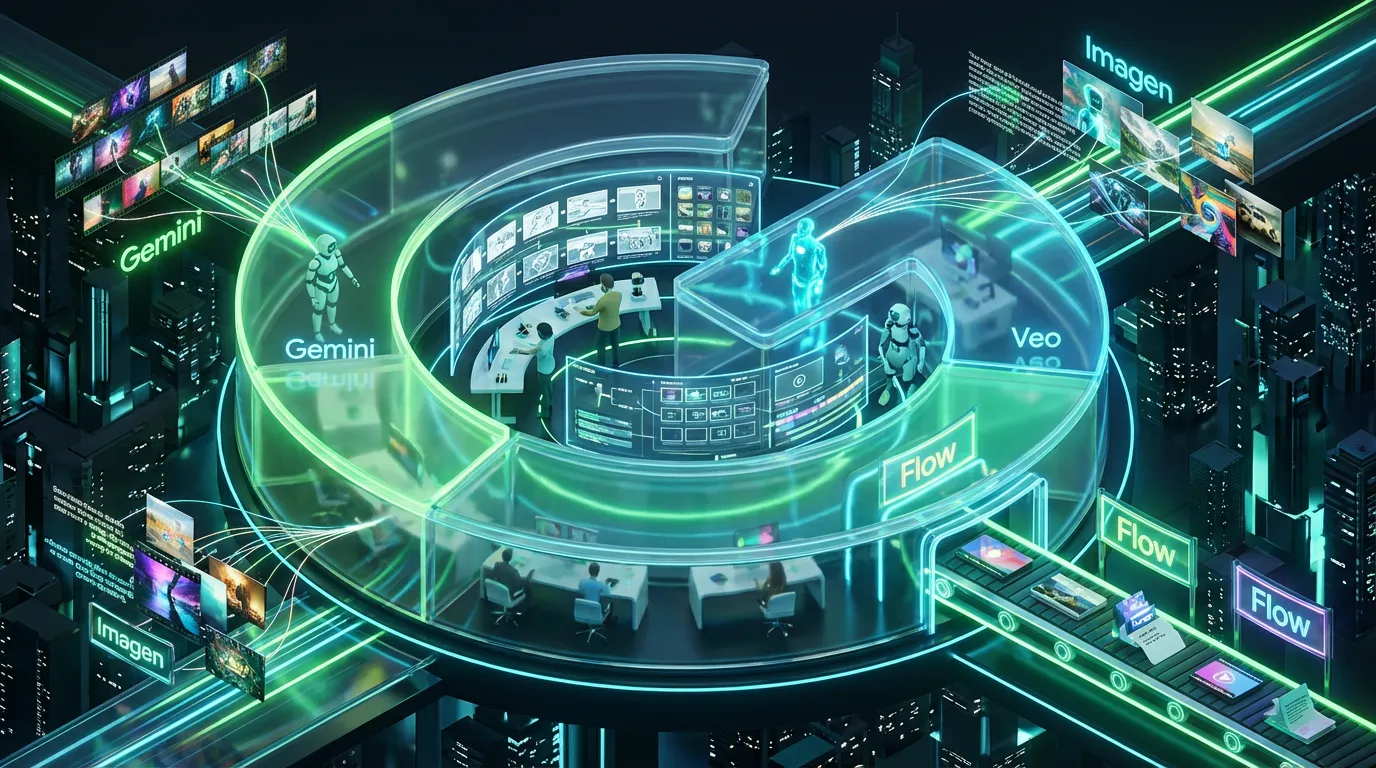 A vibrant creative war room in a transparent Google logo with humans, AIs, and radiant media flows