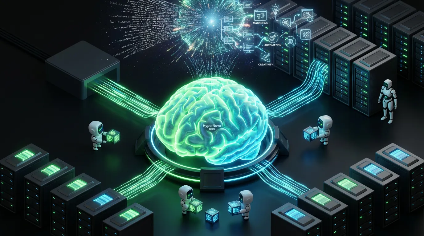 HyperNova-60B-on-prem-agent-fuel Futuristic brain-shaped reactor powers energetic robot agents moving data in a lively automated hub