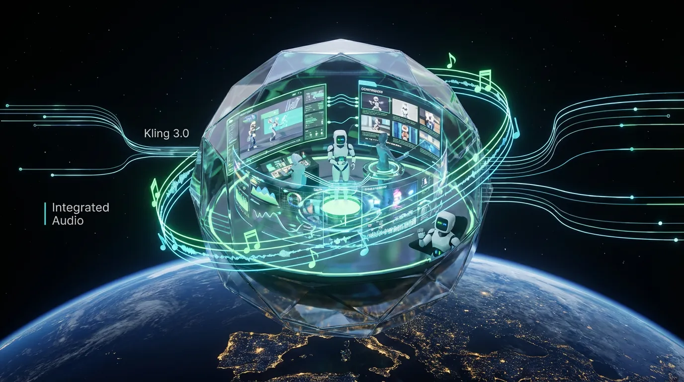 Kling-3-Production-Mode-4K-60 Futuristic Kling 3.0 control orb with holographic video panels, audio waveforms, creative AI avatars, automation effects