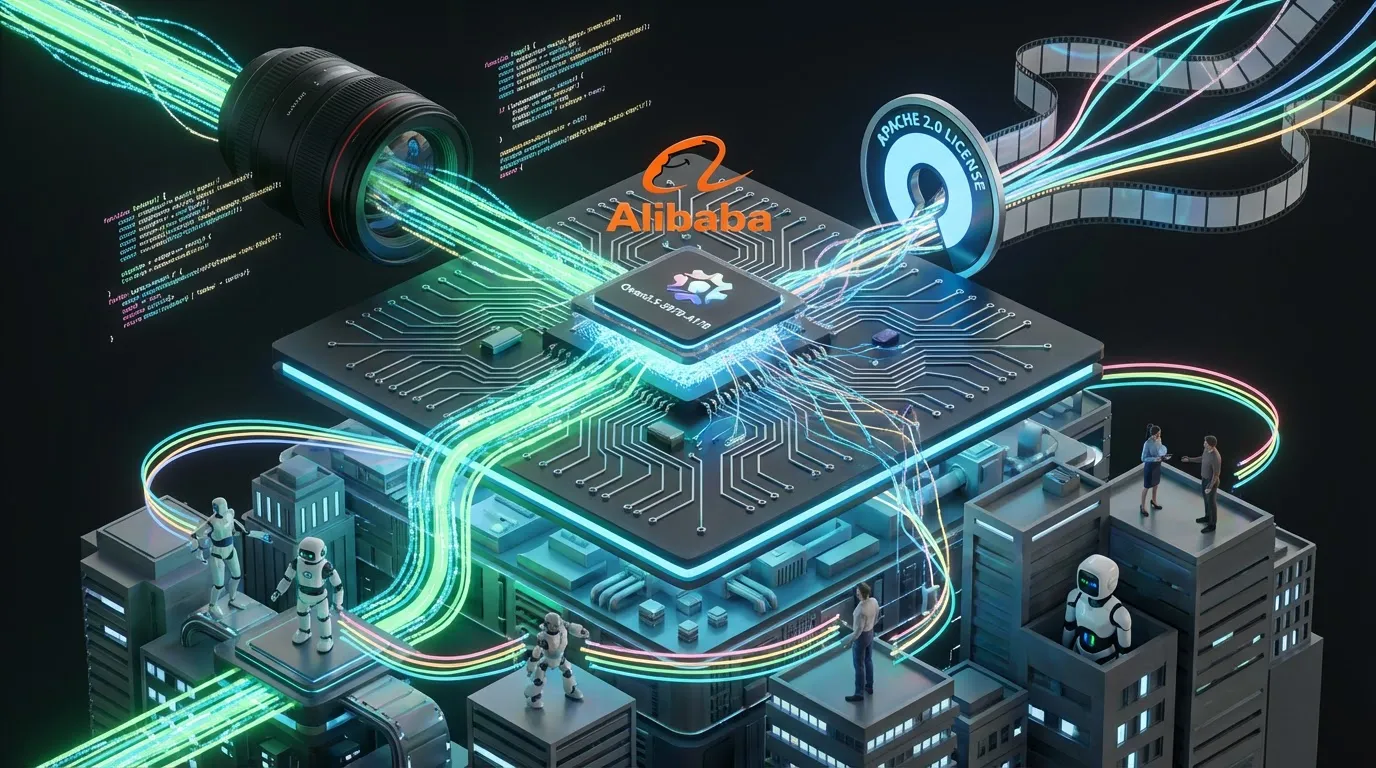 Qwen3.5-flagship-open-weights-infographic Futuristic command center fusing Alibaba Qwen3.5-397B-A17B, open weights, agent loops, and multimodal flows