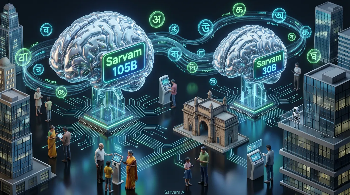 Sarvam-AI-India-LLM-Launch Sarvam AI brains over digital Indian city, swirling languages, people interacting, hinting multilingual automation
