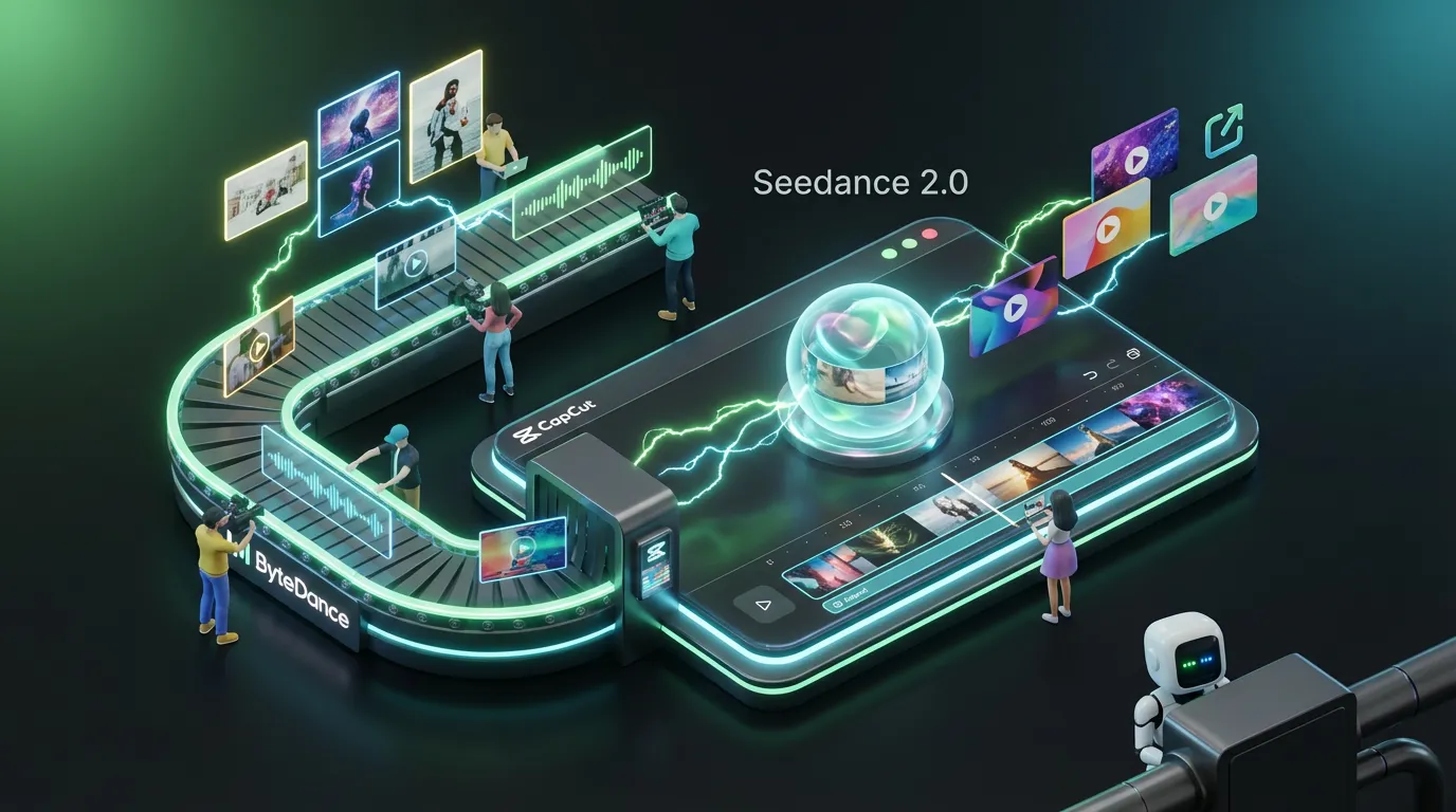 Seedance-2.0-inside-CapCut-editor ByteDance AI orb powers CapCut timeline as vibrant conveyor generates smooth video clips from creative inputs
