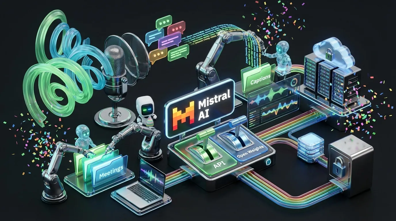 Futuristic machine turns swirling speech into glowing text as Mistral AI logo controls automation pathways