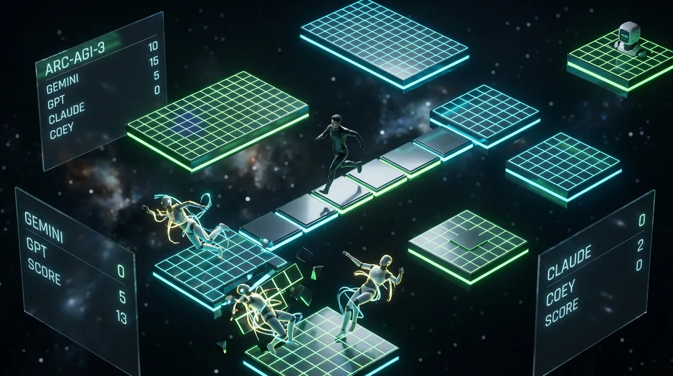 Human calmly solves surreal ARC-AGI-3 puzzle worlds while branded AI agents fail in a vivid cosmic benchmark arena