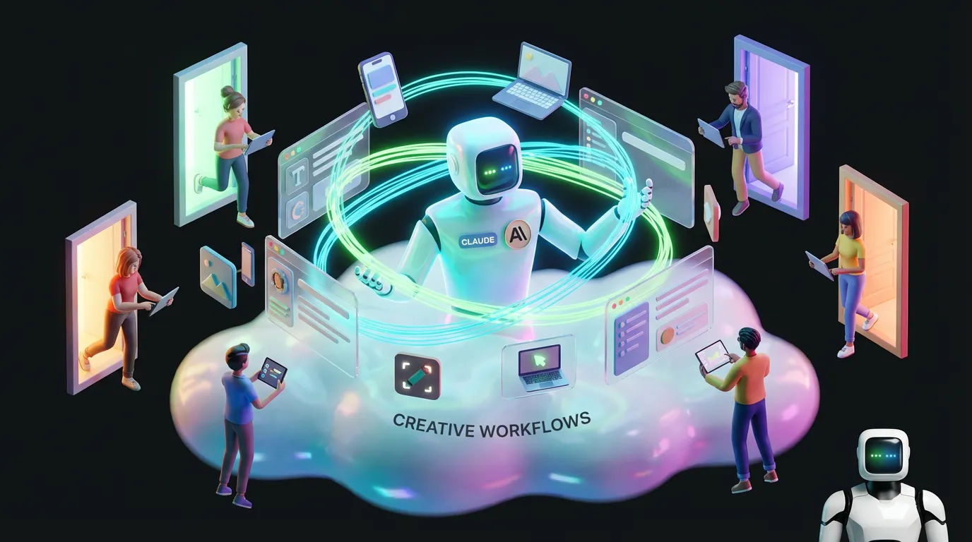 Claude-Cowork-Always-On-Workflow-Upgrade Friendly Claude robot at hub of swirling creative workflows with team members remotely collaborating around it