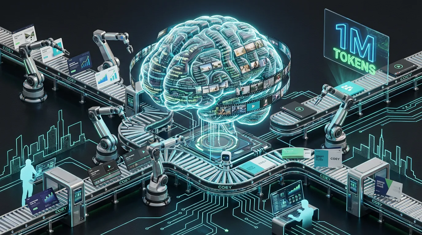 Futuristic brain built of creative assets floats above an automated, colorful DeepSeek V4 creative assembly line