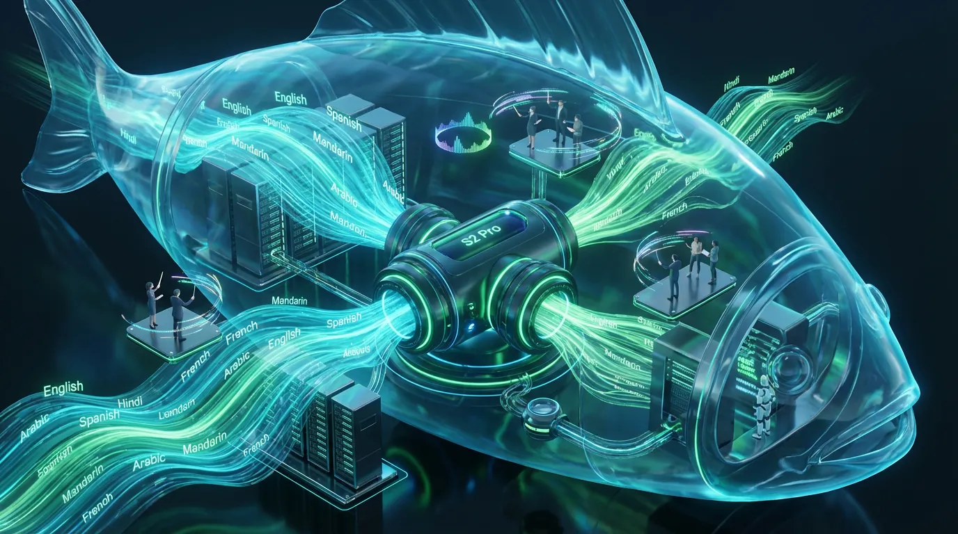 Futuristic fish-shaped voice infrastructure sends multilingual soundwaves through glowing servers and platforms in an oceanic data hall