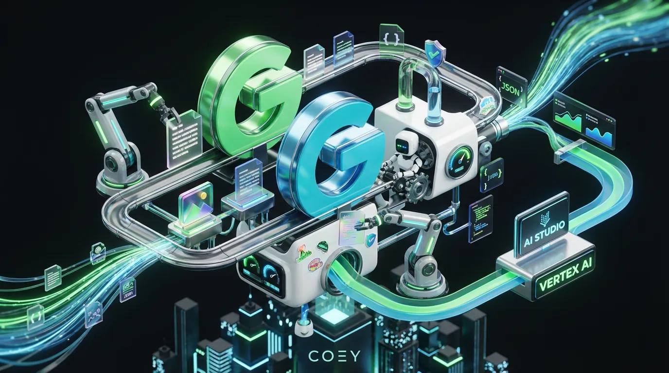 Gemini-3.1-capabilities-workflow-infographic Futuristic Rube Goldberg machine automating documents and images with Gemini 3.1 above COEY cityscape