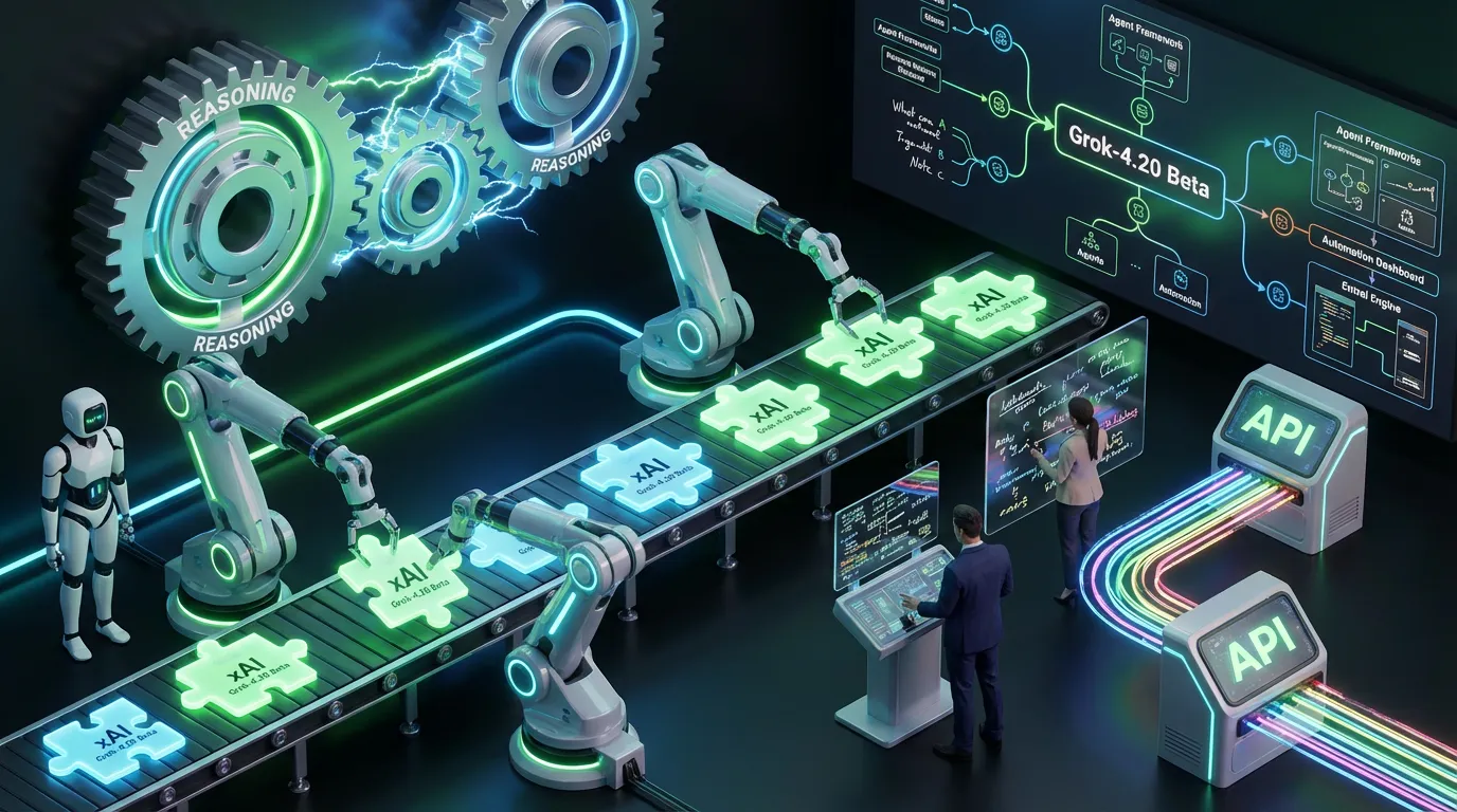 Futuristic neon data factory with xAI Grok-4.20, robotic arms, humans, puzzle data, automation glow