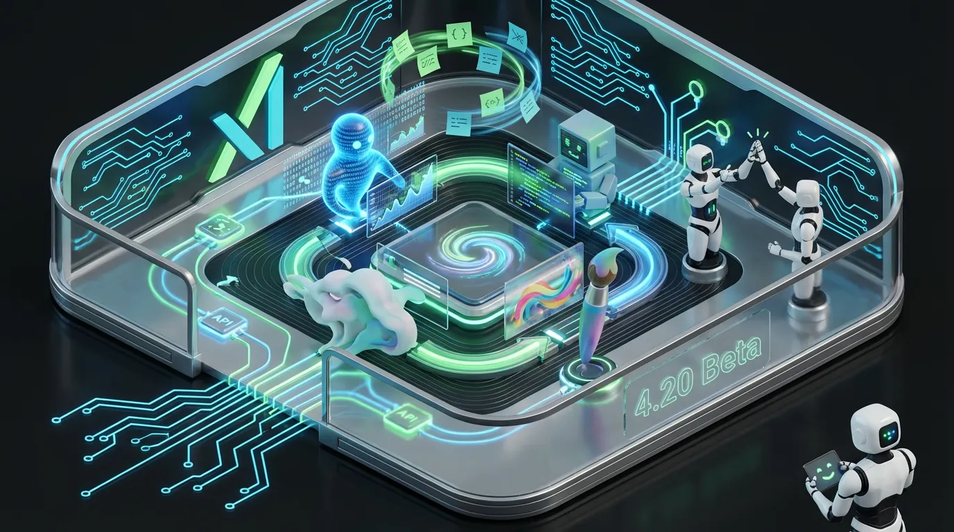 Four AI avatars collaborate in a luminous Grok control room, blending creativity, code, synthesis and research