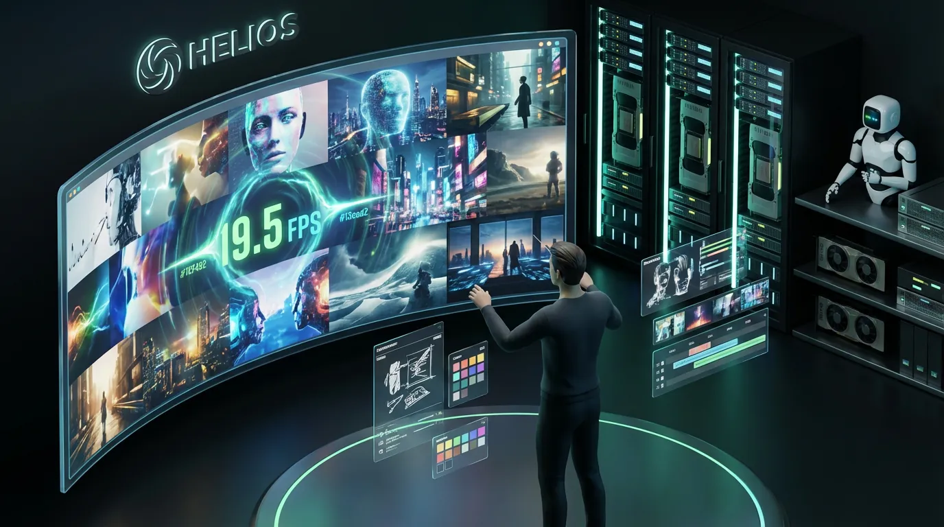 A conductor orchestrates real-time AI video with Helios logo and swirling creative video streams