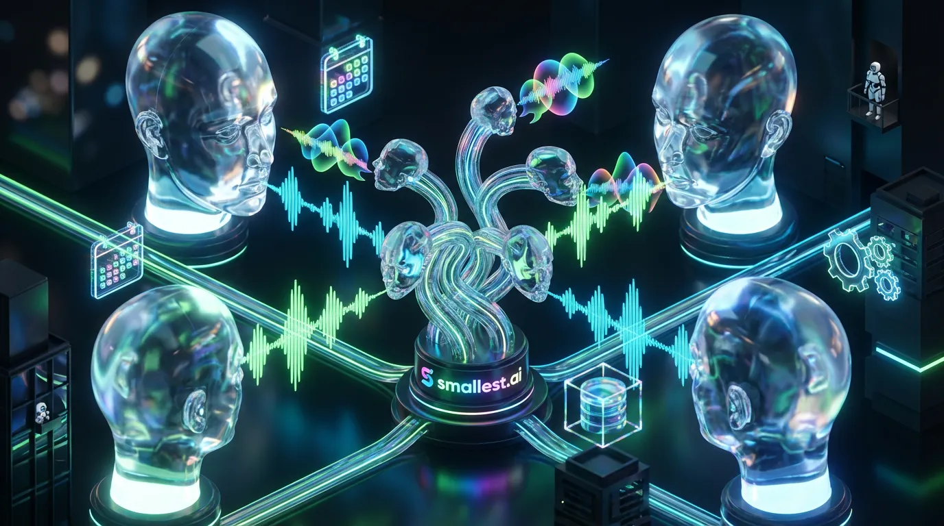 Futuristic city of talking heads and pulsing hydra, symbolizing real-time voice automation by smallest.ai