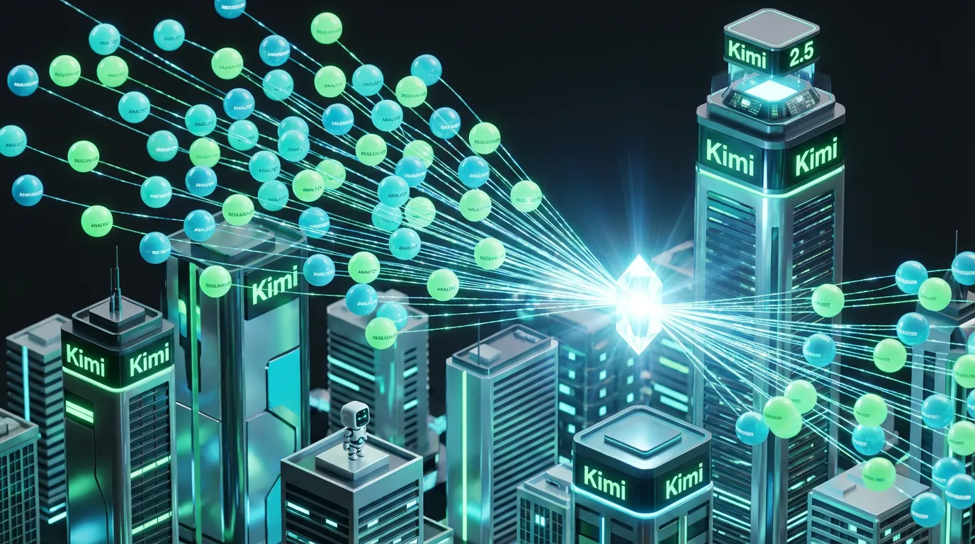 Hundreds of glowing Kimi spheres swarm above a futuristic city, forming a harmonious data crystal