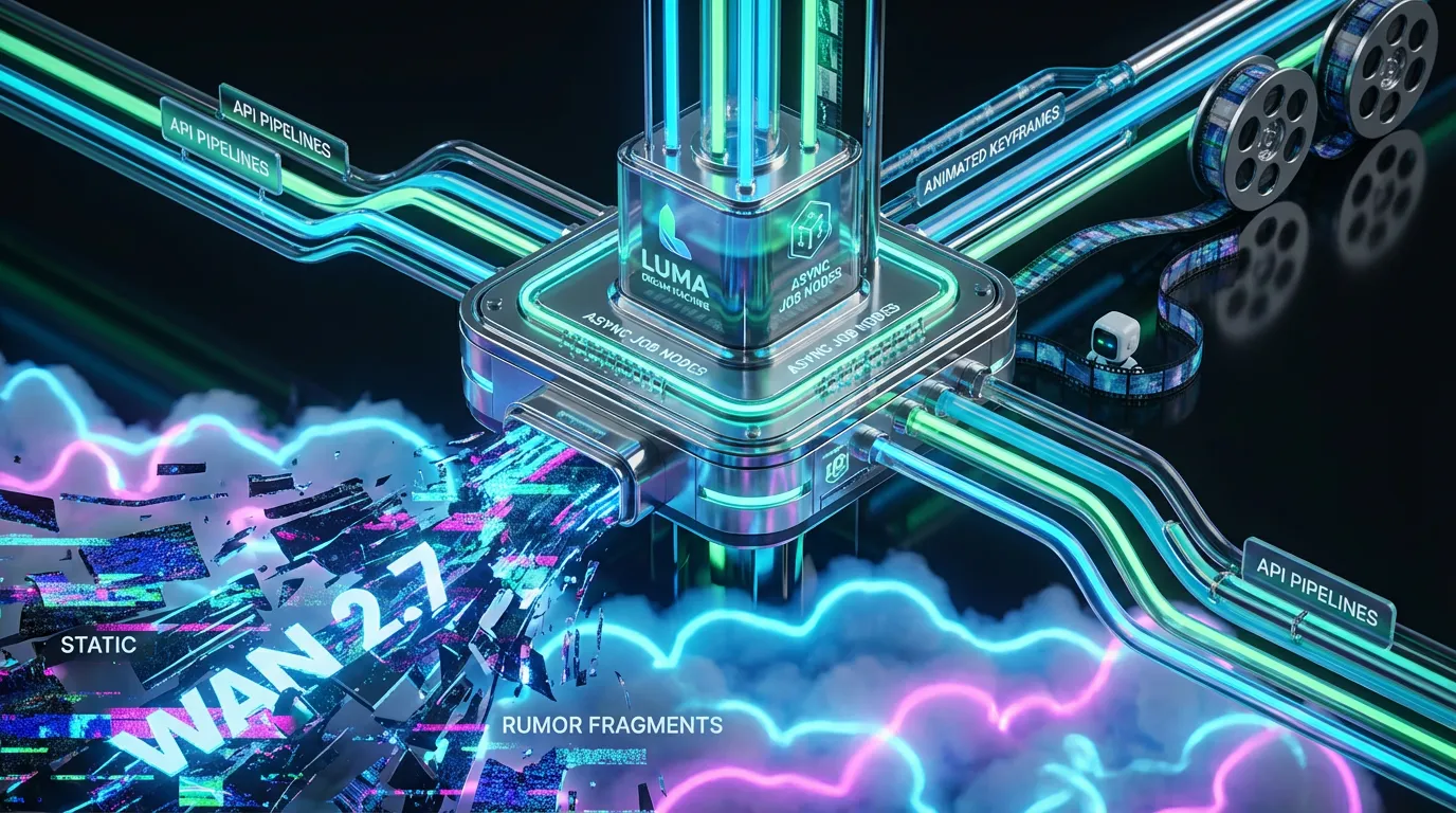 Luma-API-workflow-reality-check Futuristic Luma AI control tower channels video workflows above dissolving WAN 2.7 rumors and glowing API pipelines