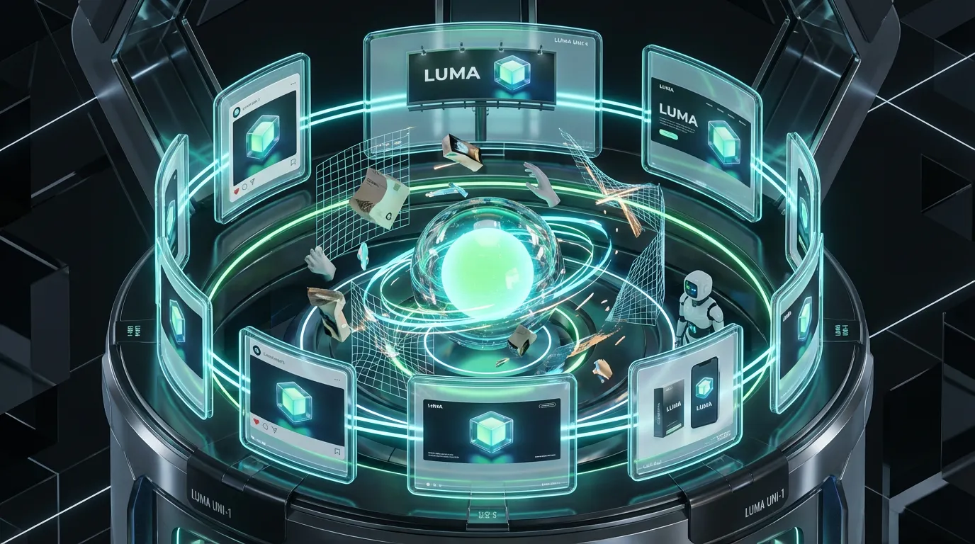 Luma-Uni-1-Visual-Reasoning-Model Surreal Luma Uni-1 machine transforms chaotic AI image fragments into consistent branded campaign visuals with orbiting references