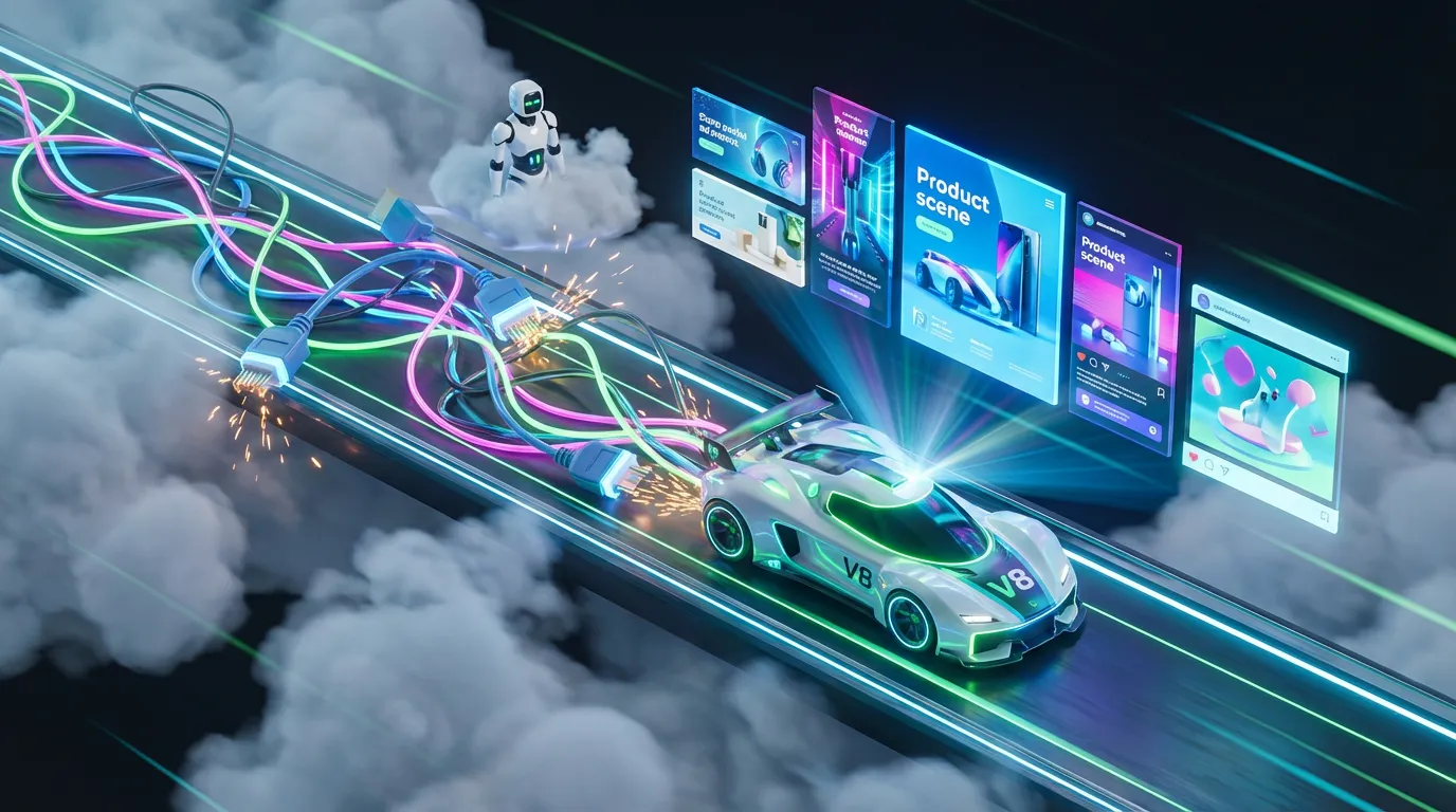 Midjourney-V8-Alpha-speed-upgrade Futuristic Midjourney V8 engine races through clouds projecting sharp marketing visuals while tangled cables symbolize missing API