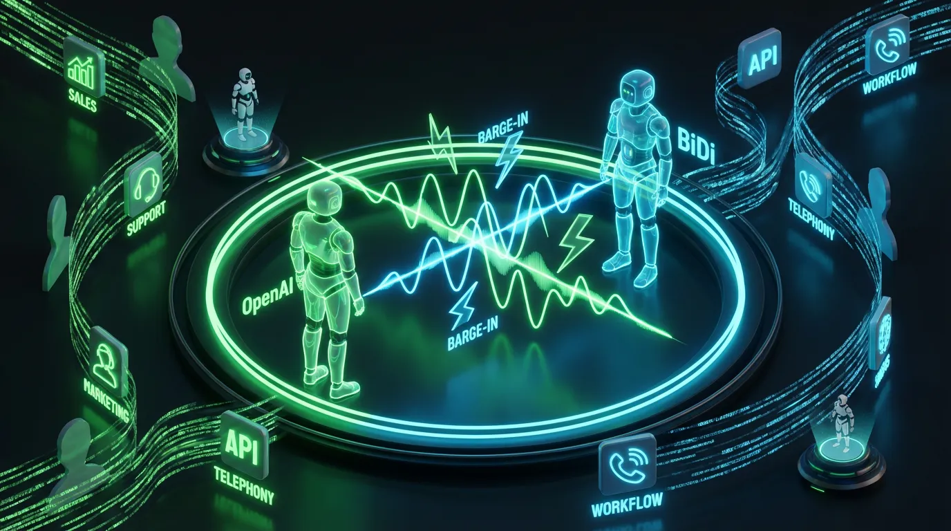 Two neon robots exchanging overlapping audio waves, surrounded by workflow icons and real-time conversation signals