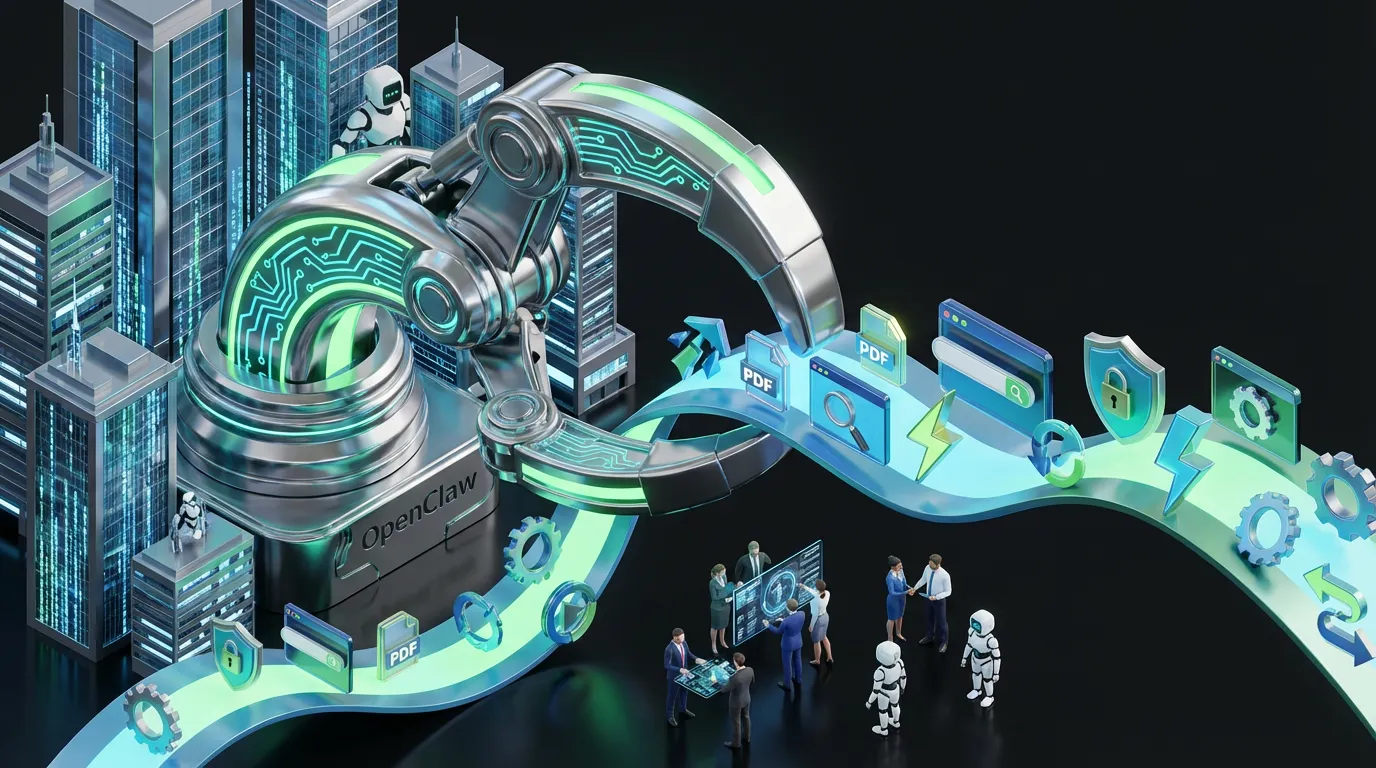 OpenClaw-March-sprint-automation-upgrades Futuristic chrome claw grabs streaming data icons above humans and robots amid glowing tech cityscape