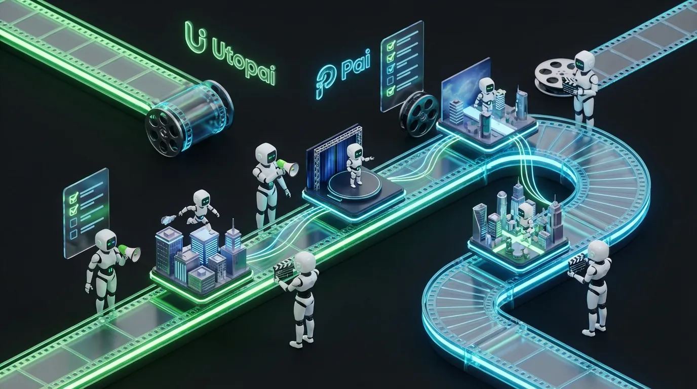 Vibrant robots direct recurring mascot through seamless connected scenes under holographic Utopai Pai logos