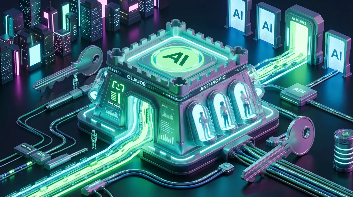 Futuristic AI fortress traps creative workflows as glowing APIs and portals offer escape from platform lock-in