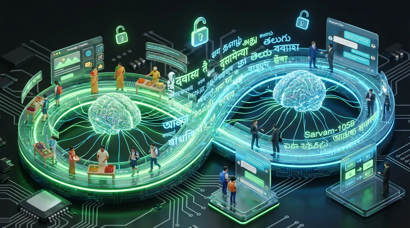 A bustling digital Indian bazaar powered by Sarvam AI models with swirling multilingual text and energy
