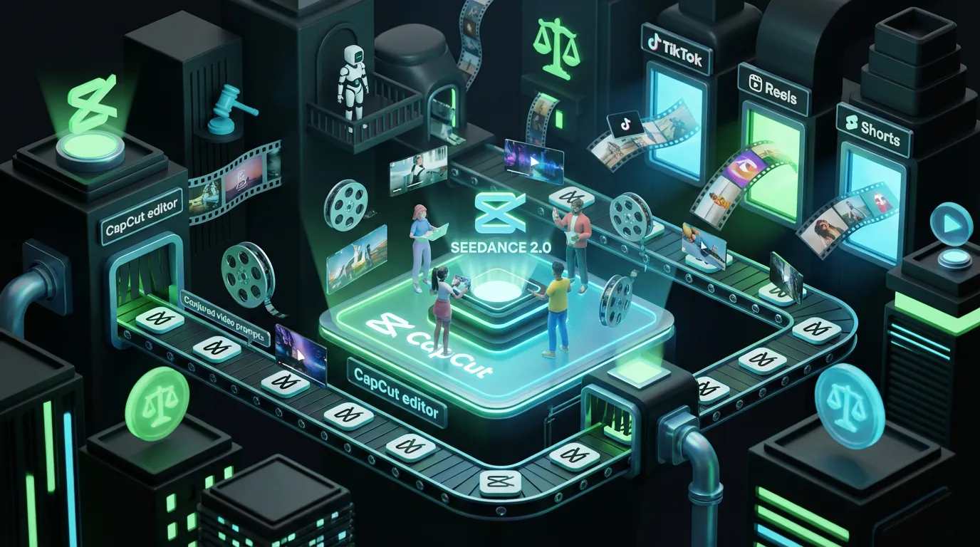 Surreal city assembly line where CapCut and Seedance 2.0 generate and distribute AI video variants