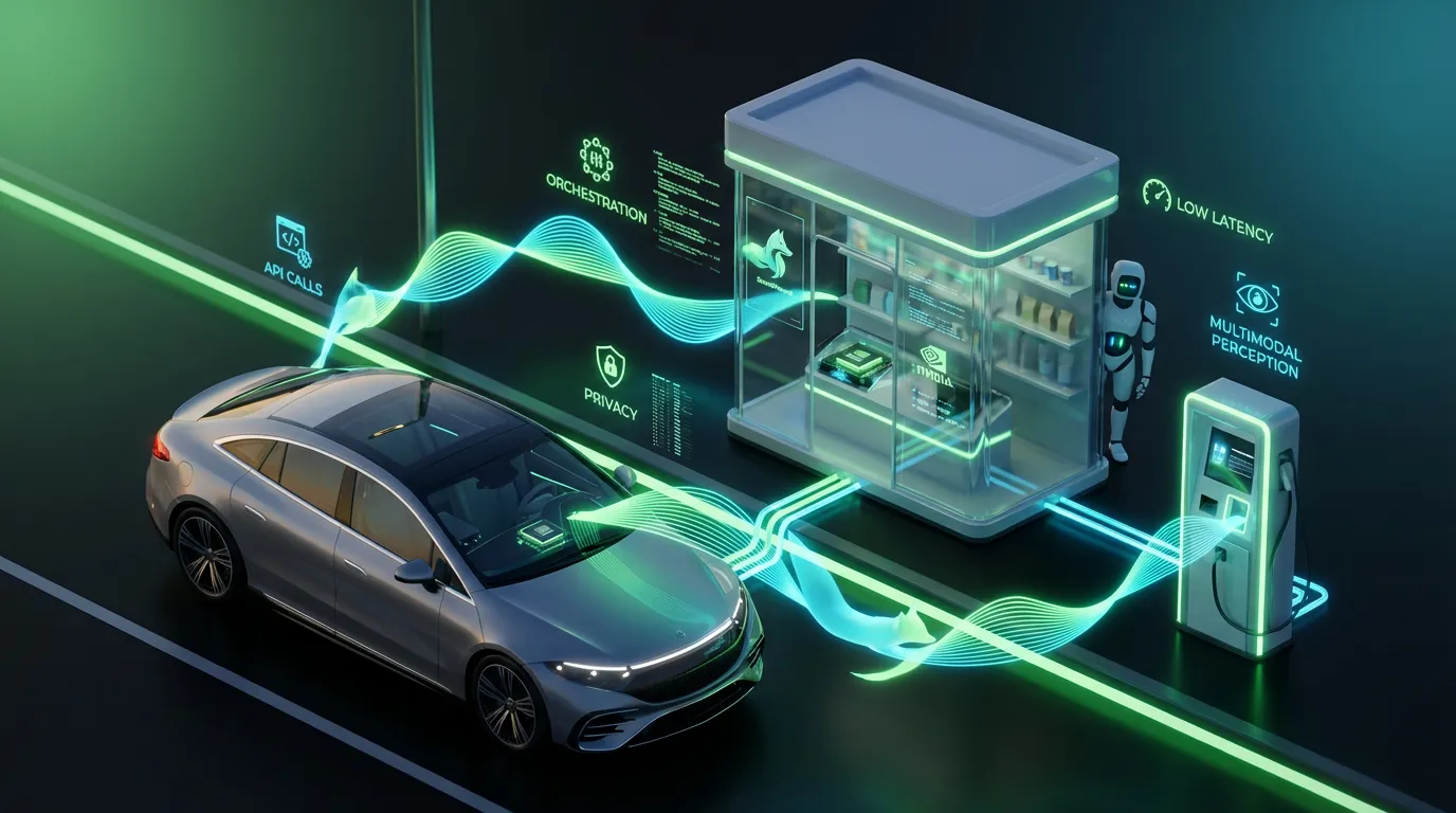 SoundHound-edge-first-agent-API-focus Futuristic car kiosk and service terminal linked by SoundHound edge AI with glowing multimodal orchestration visuals