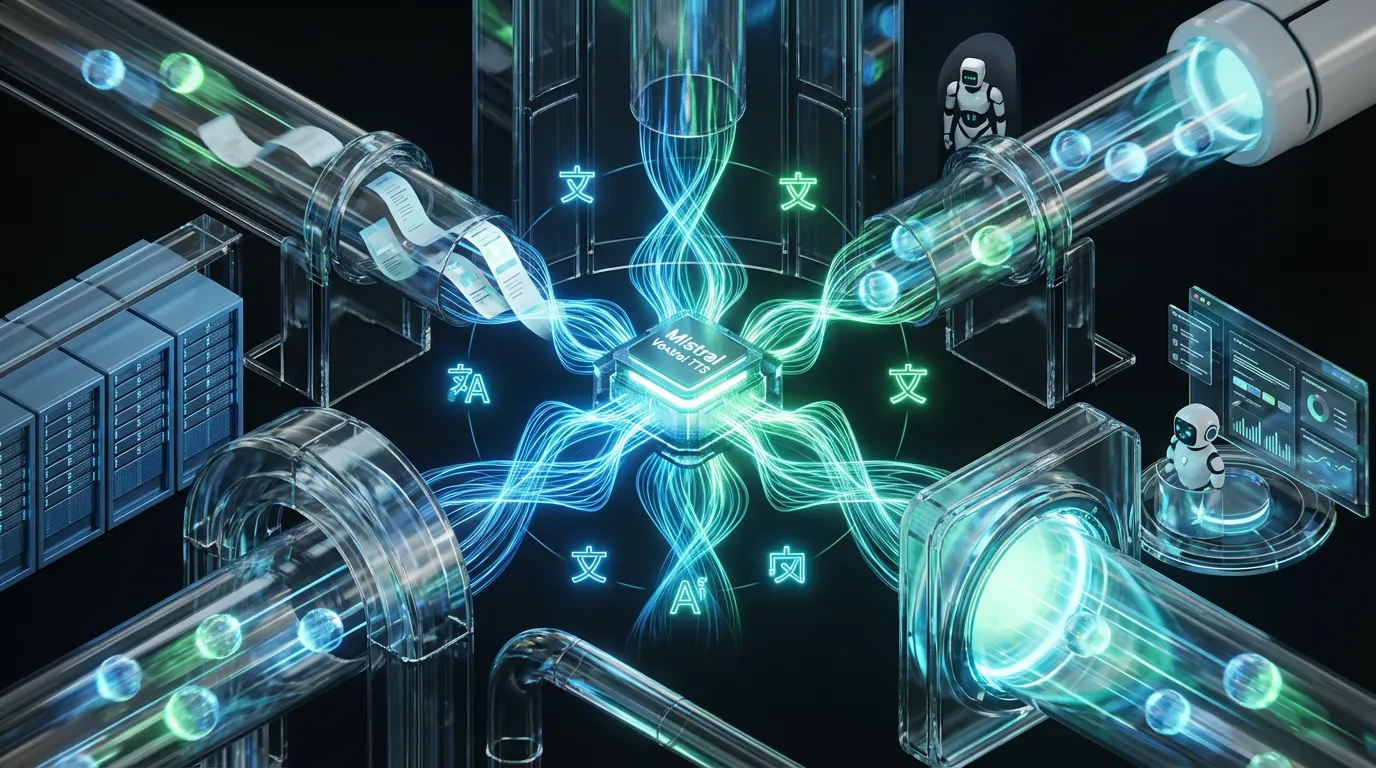 Voxtral-TTS-for-voice-workflows Futuristic Mistral Voxtral TTS engine turning multilingual workflows into fast glowing audio streams across massive systems