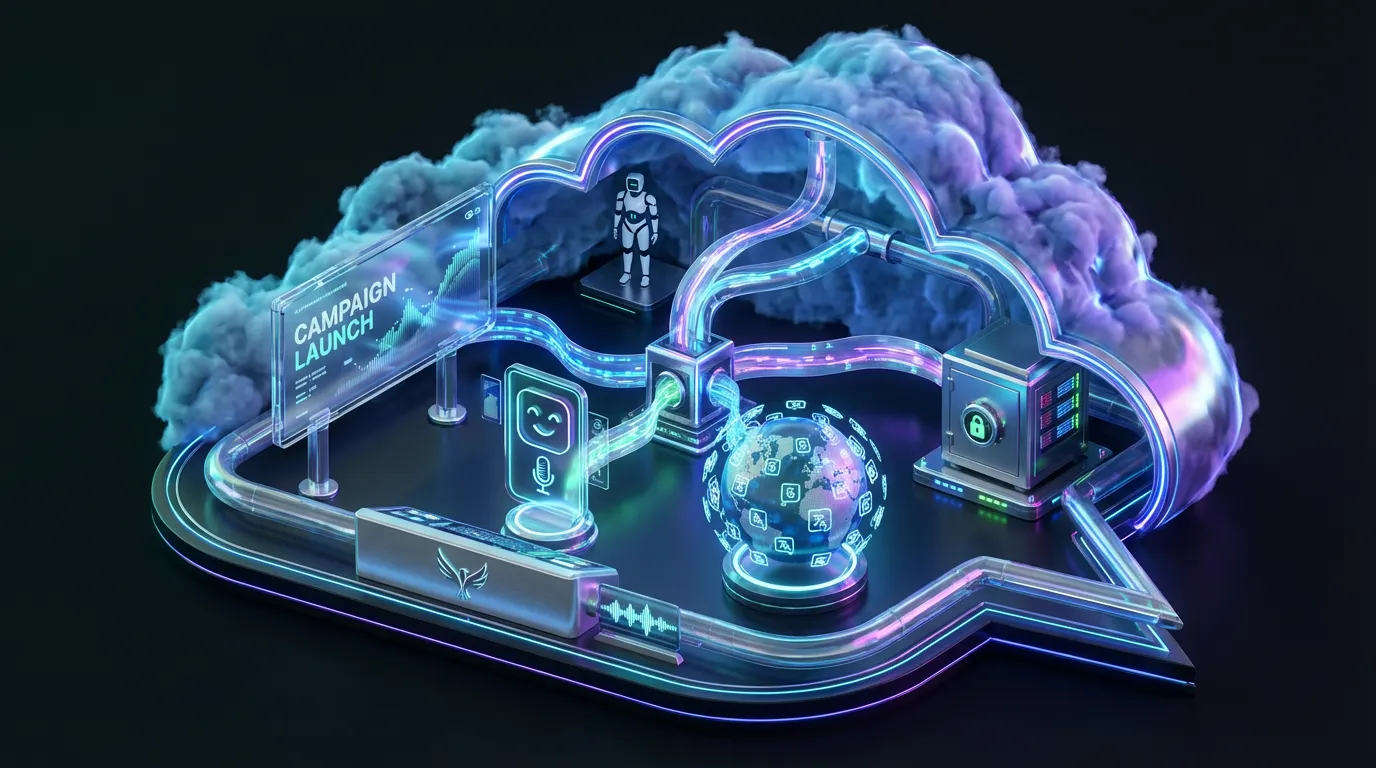 Voxtral-TTS-workflow-reality-check Surreal voice AI control room with multilingual audio streams, API pipelines, secure servers, and Mistral branding