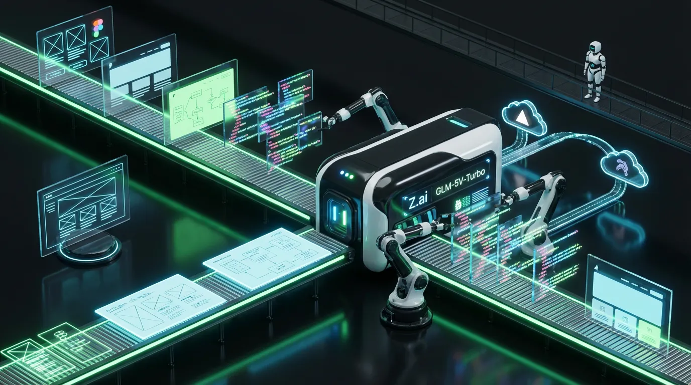 GLM-5V-Turbo-API-workflow Futuristic Z.ai GLM-5V-Turbo factory transforms mockups and screenshots into glowing code through API pipelines