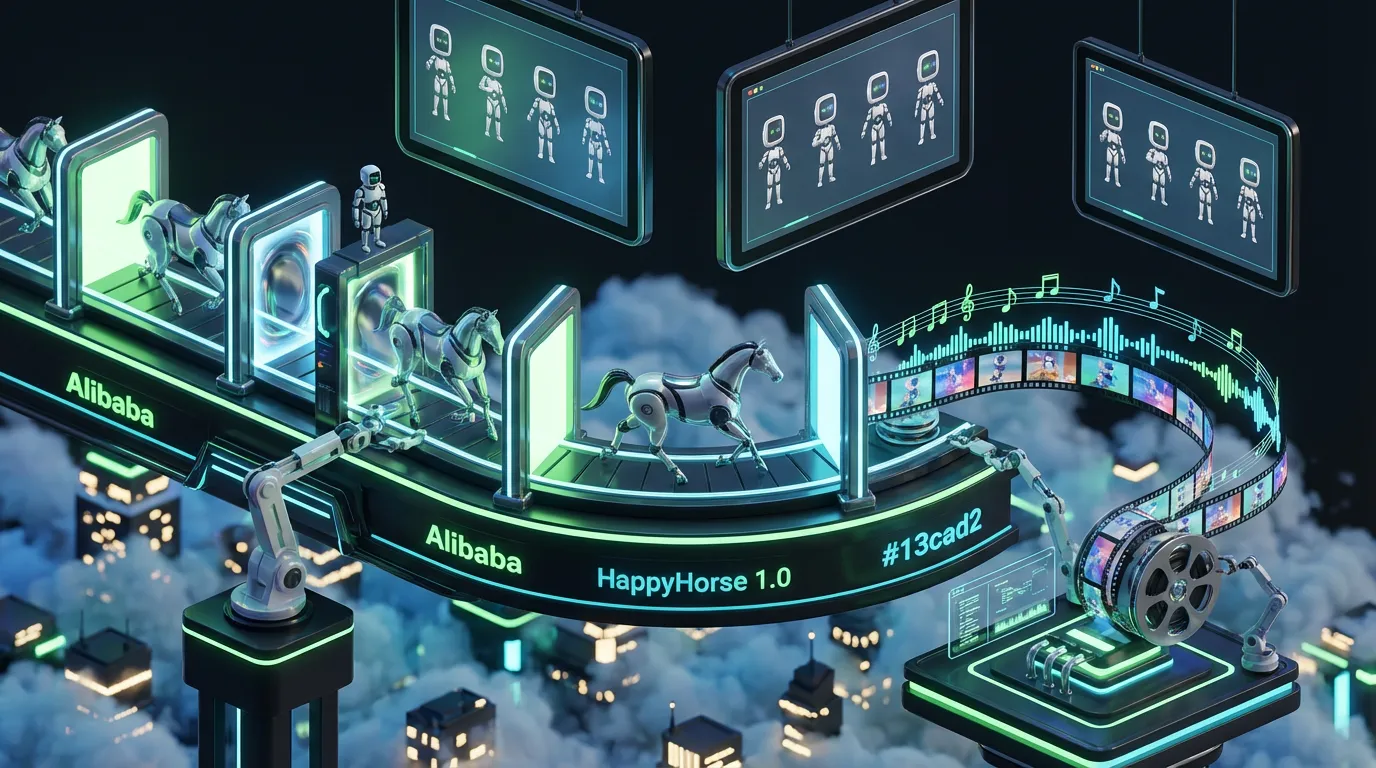 Futuristic Alibaba HappyHorse carousel generates synchronized AI video and audio through glowing workflow pipelines above city