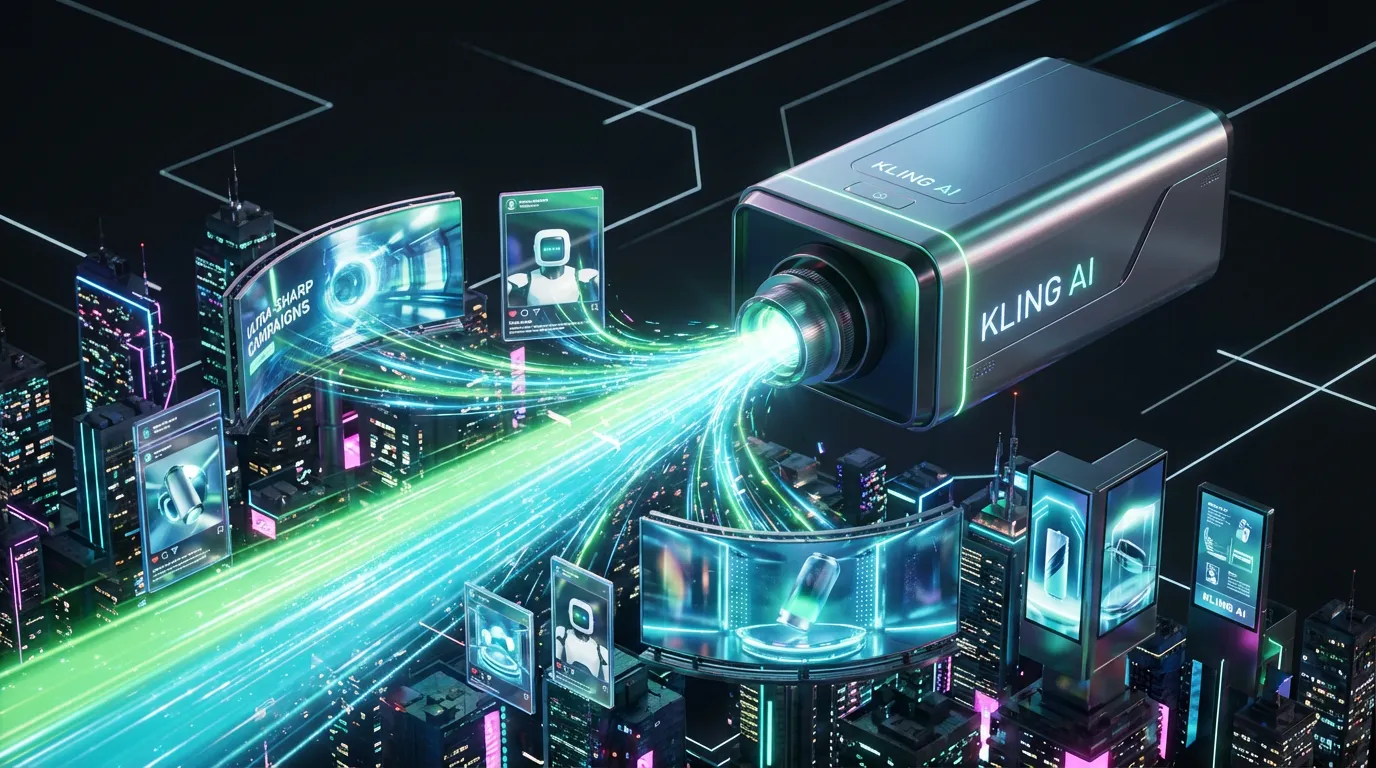 Futuristic Kling AI projector beams native 4K video across city billboards, creating sharp multi-channel campaign assets