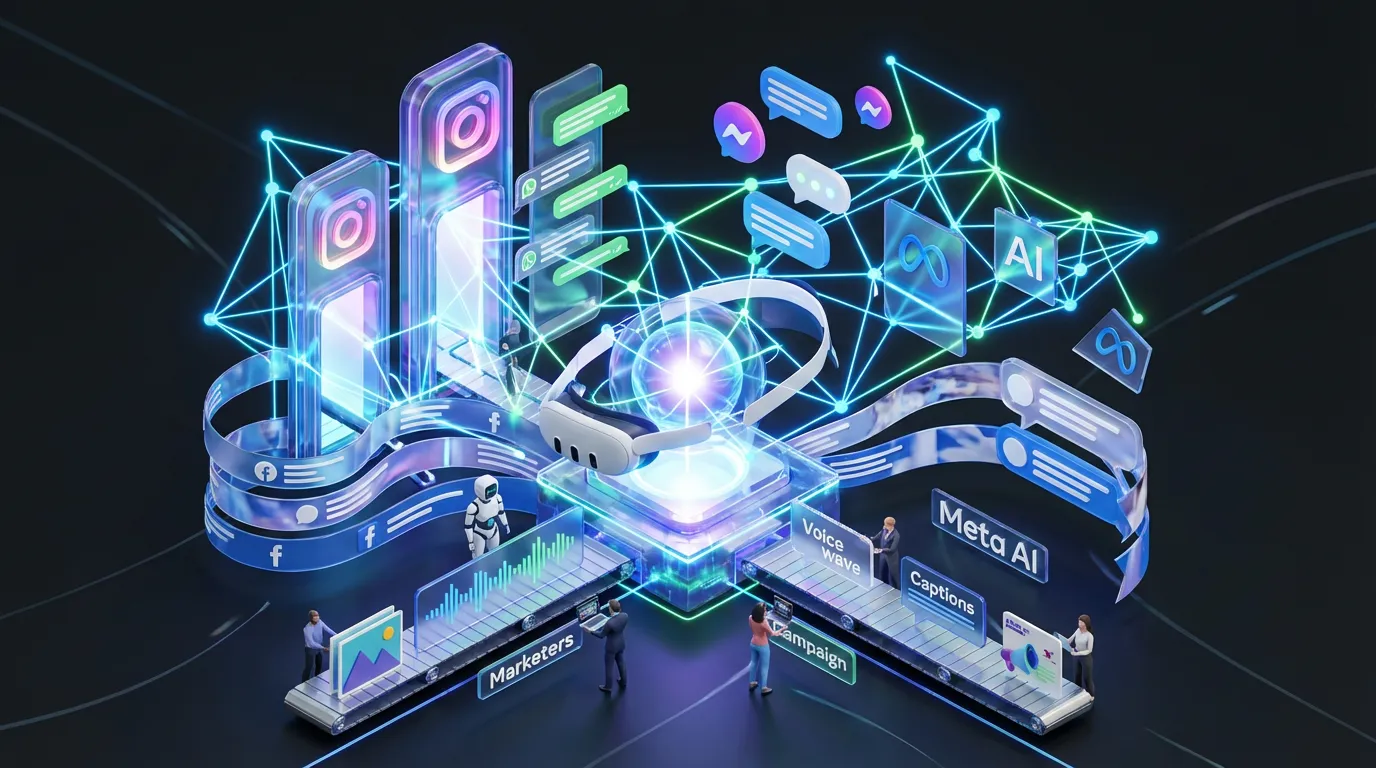 Meta-Muse-Spark-workflow-layer-overview Surreal futuristic Meta Muse Spark ecosystem transforming messages images and campaigns across floating social platform interfaces