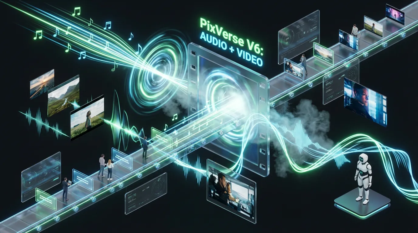 Surreal cinematic portal shows PixVerse V6 transforming prompts into synchronized video, music, sound, and voice