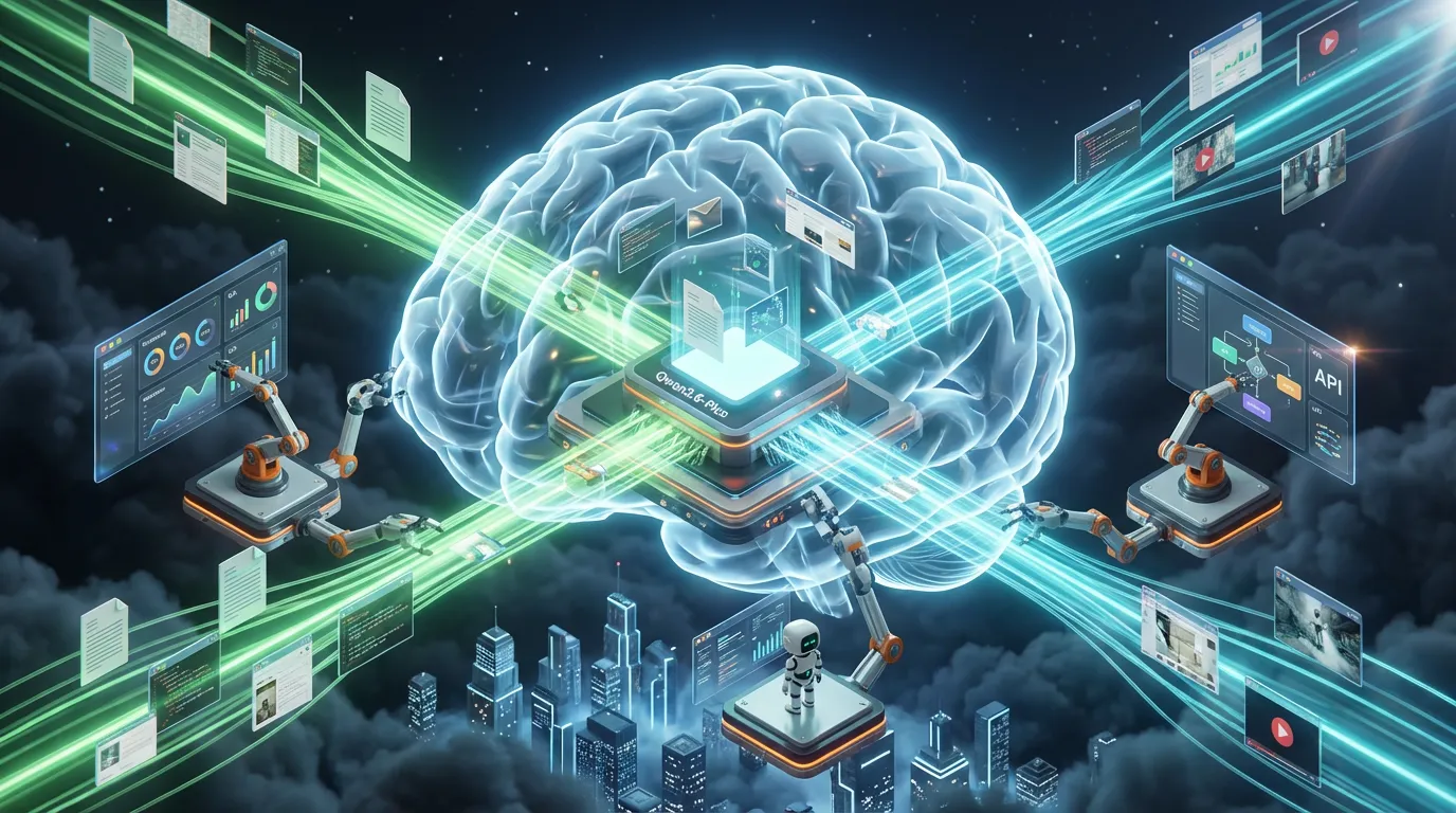Futuristic brain-like AI nexus routes documents code images and workflows through a glowing Alibaba Qwen3.6-Plus command hub