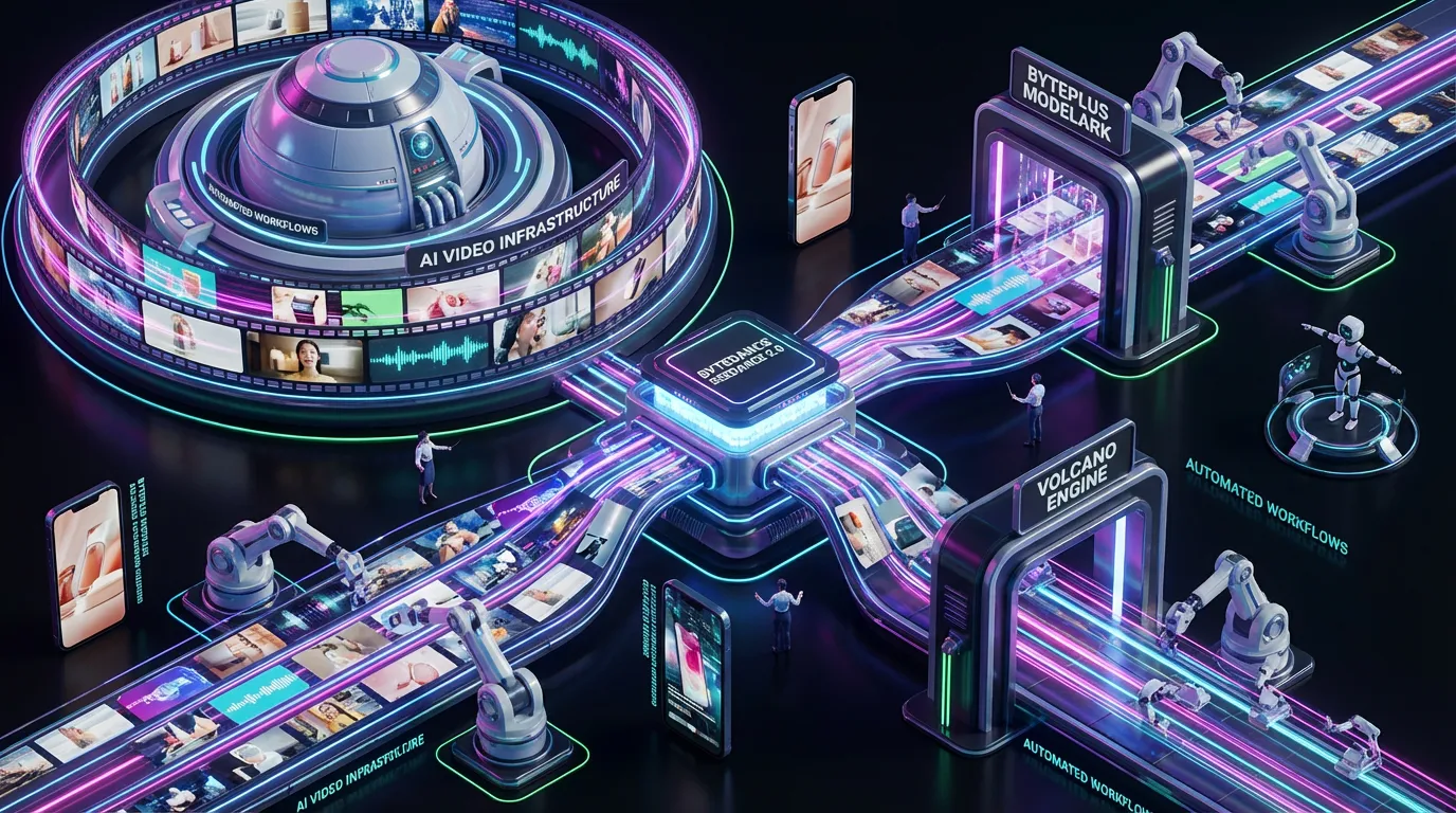 Futuristic ByteDance Seedance 2.0 engine automates vibrant AI video workflows through BytePlus and Volcano Engine gateways